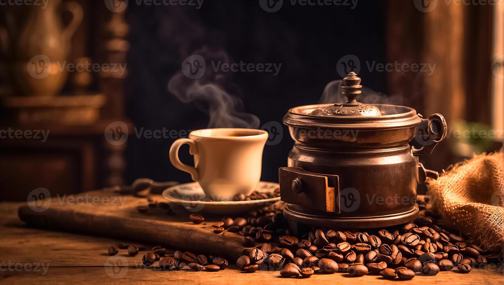 ai generado taza de café, granos Clásico antecedentes foto