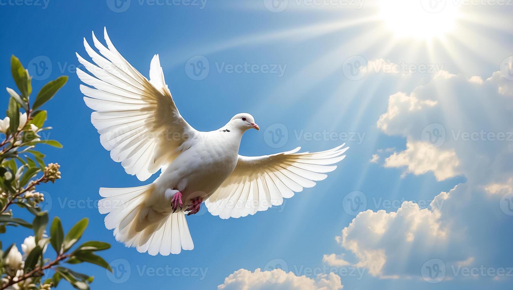 AI generated White dove against the sky with clouds, branch photo