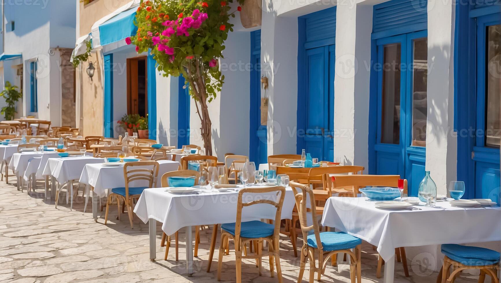 AI generated Summer cafe on the street in Greece photo