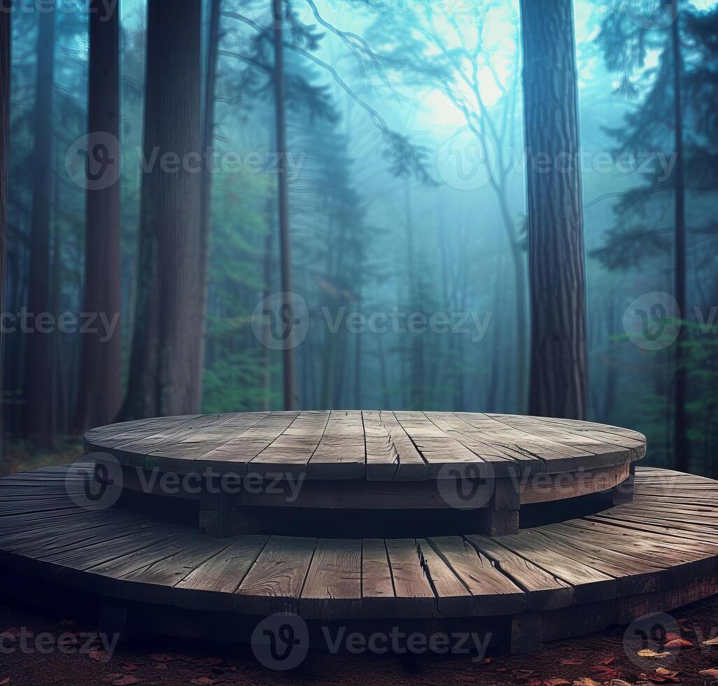 AI generated 3D Illustration of a Wooden Round Pedestal in the Verdant Forest, Creating an Empty Product Podium Amidst the Natural Surroundings with Mystical Undertones photo