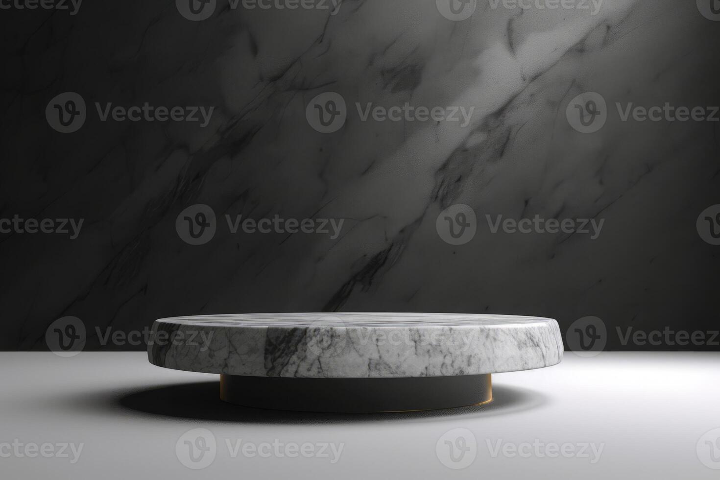AI generated Empty dark Marble table top with shadow drop on white wall background photo