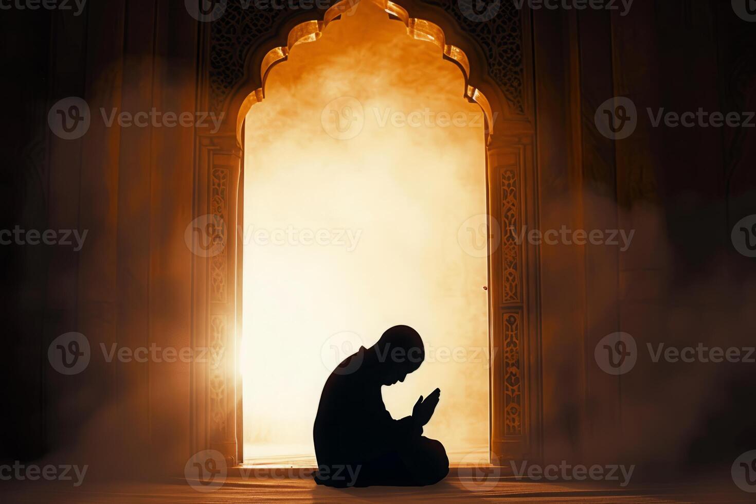 AI generated Moslem man silhouette doing salat praying for Allah inside the mosque at night, tahajjud. Orange smoke around the mosque photo