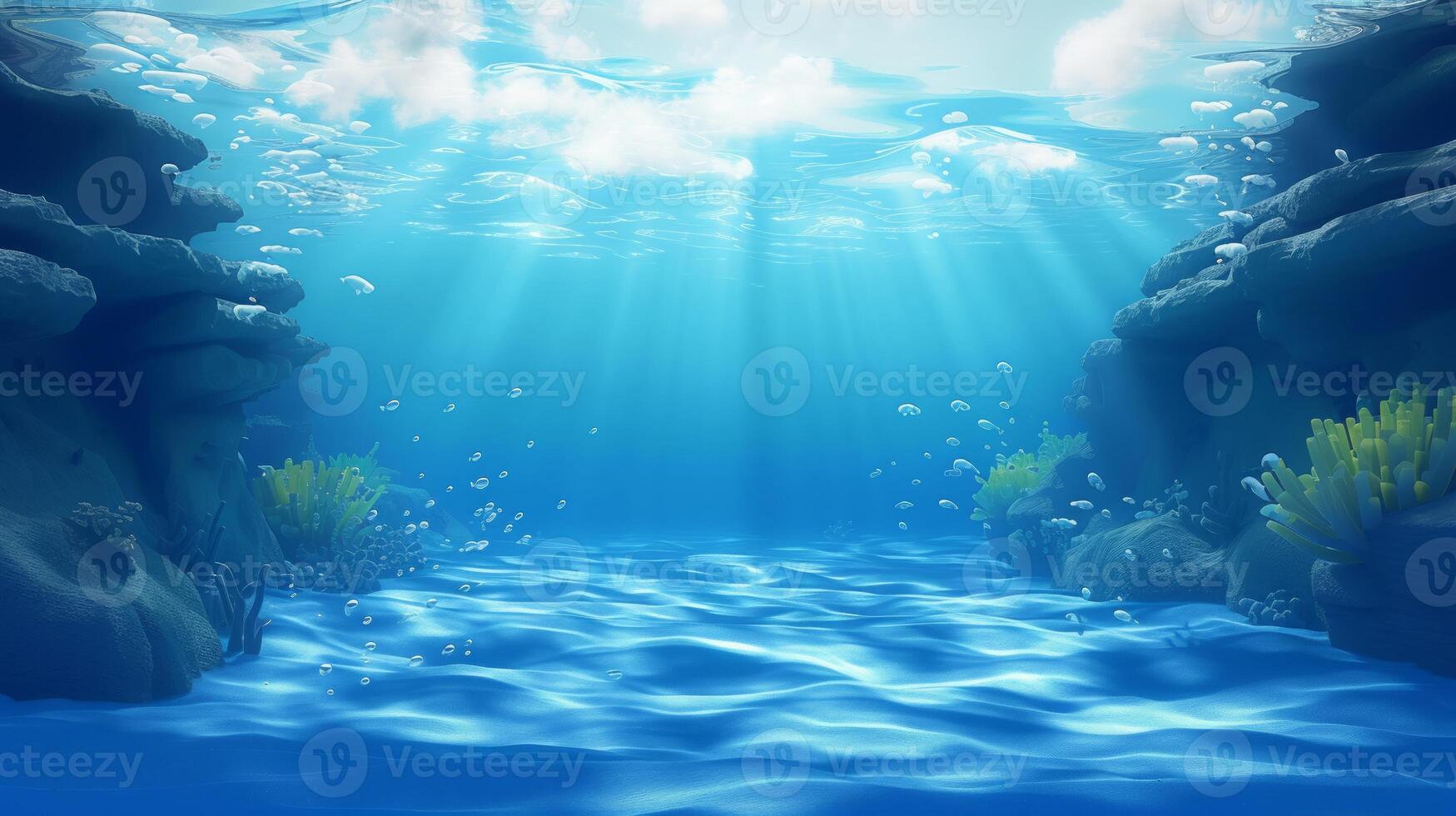 AI generated Sunlight shining ,the surface and under the blue ocean, sea wave , with clean waters in summer time photo