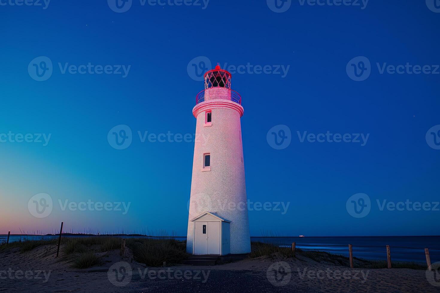 AI generated Beautiful lighthouse on the coast during blue hour in the sunrise at summertime with a blue sky without any cloud. photo