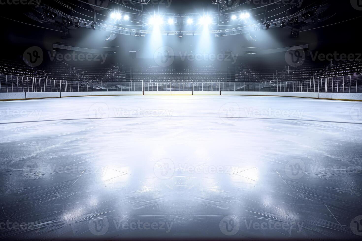 AI generated Frosty Arena, Empty Ice Rink Illuminated by Spotlights, Creating a Wintry Scene of Snow and Ice Background photo
