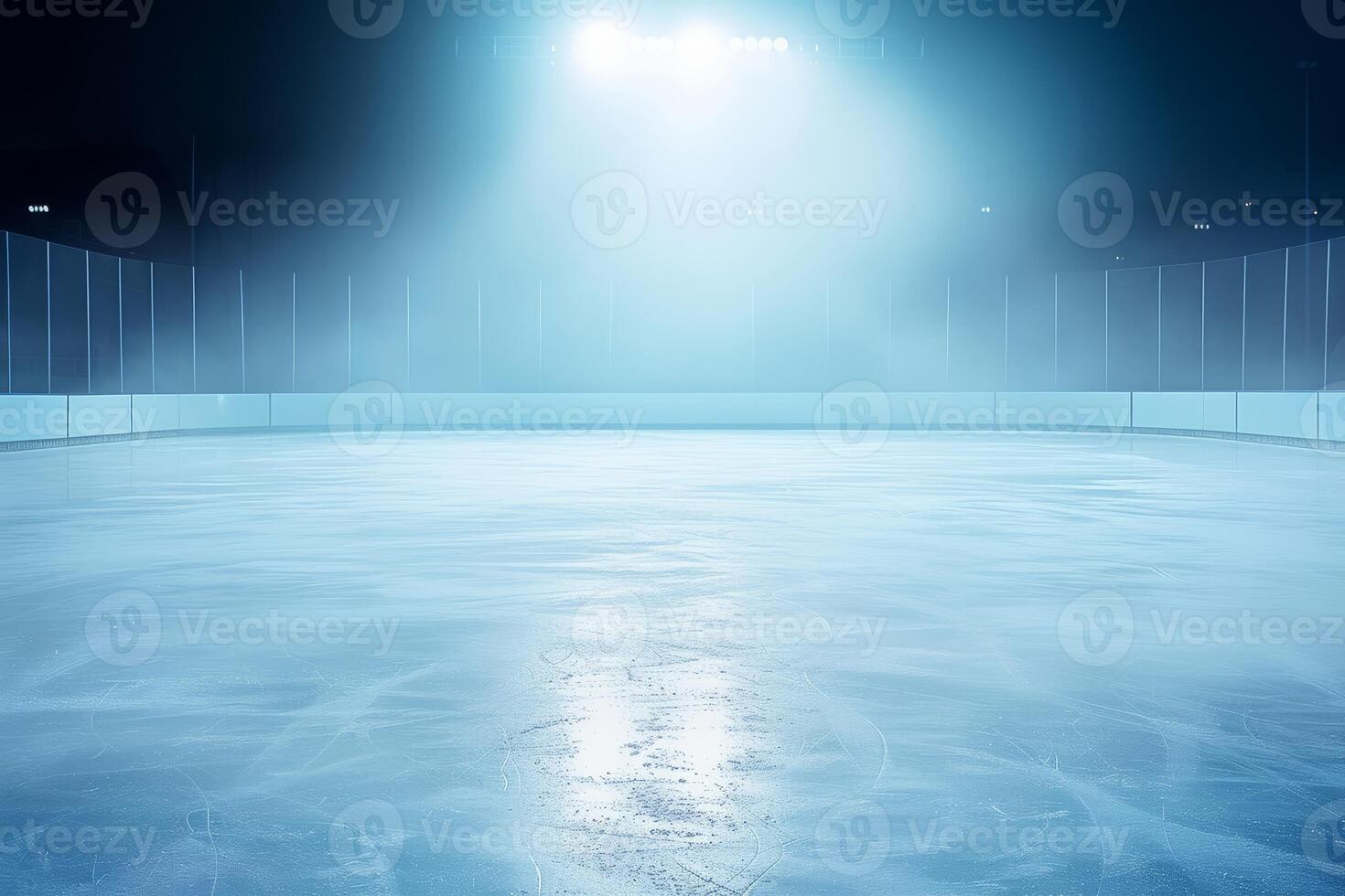 AI generated Snow and ice background.Empty ice rink illuminated by spotlights photo