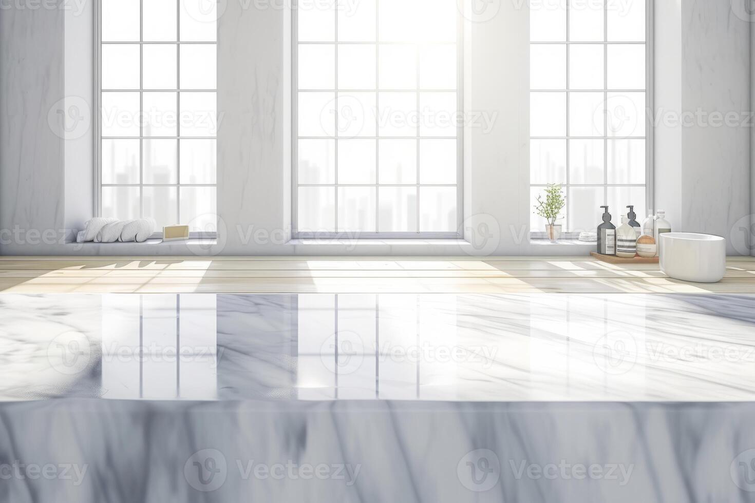 AI generated Empty marble table top with blurred bathroom interior background photo