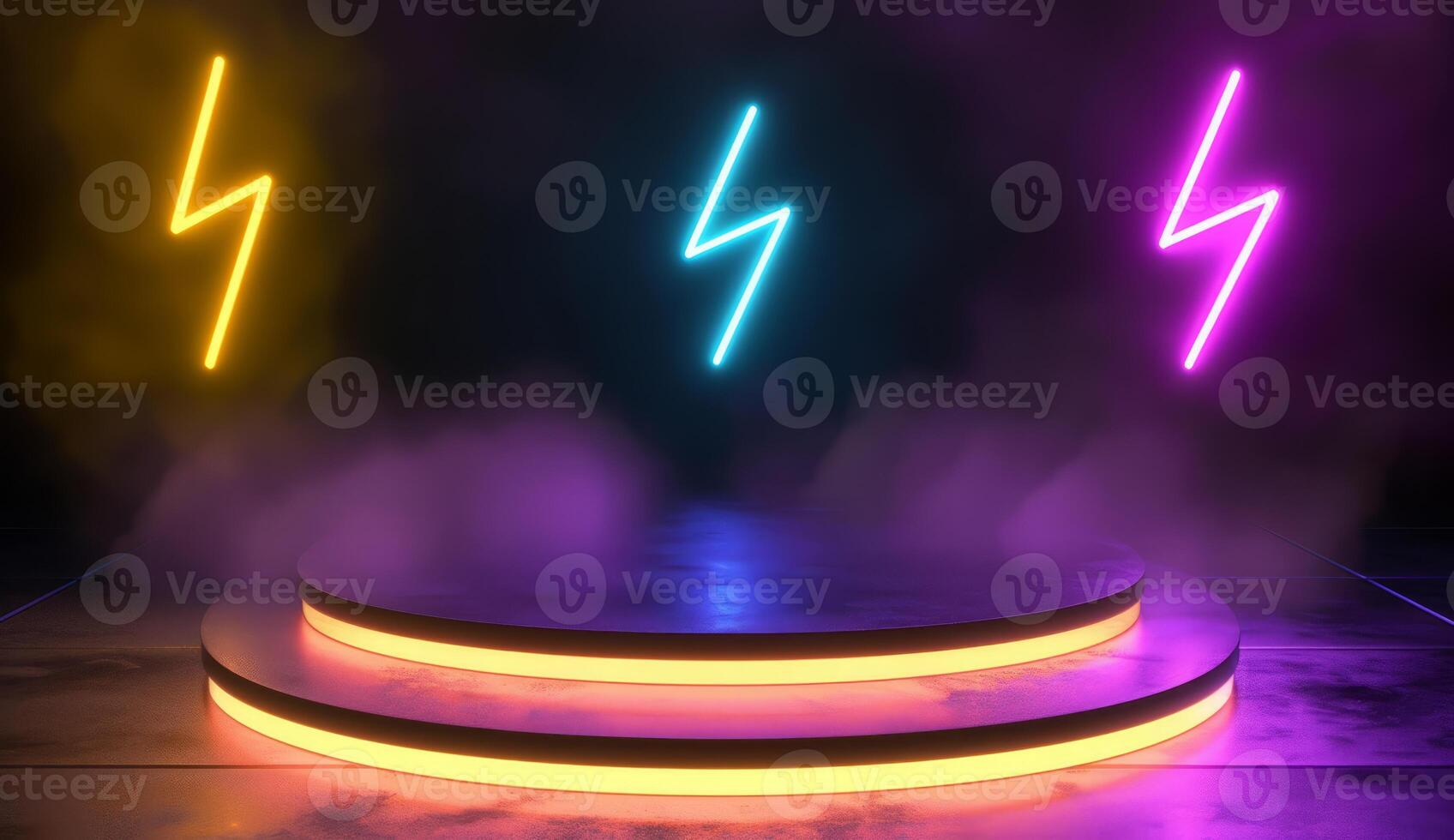 AI generated Realistic platform or podium scene for product presentation with glowing neon thunderbolt sign photo