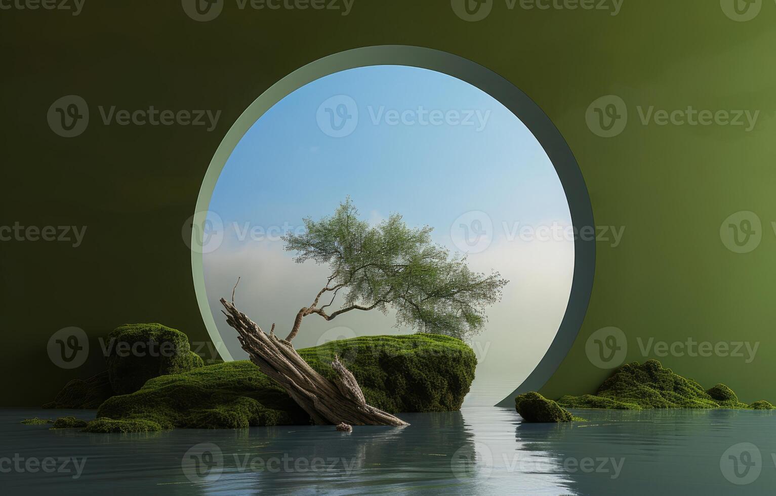 AI generated 3D podium stone display on green background.Rock with moss. Cosmetic beauty product promotion pedestal with sun shadow and sky. Nature forest landscape showcase photo