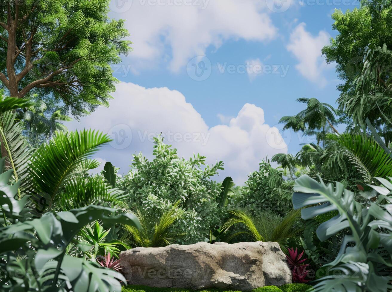 AI generated Rock podium in tropical forest for product presentation Behind is a view of the sky.3d rendering photo