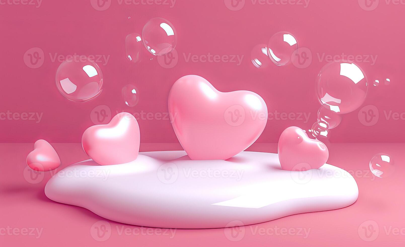 AI generated pink heart shape balloon with bubbles on the soap, with pink background photo