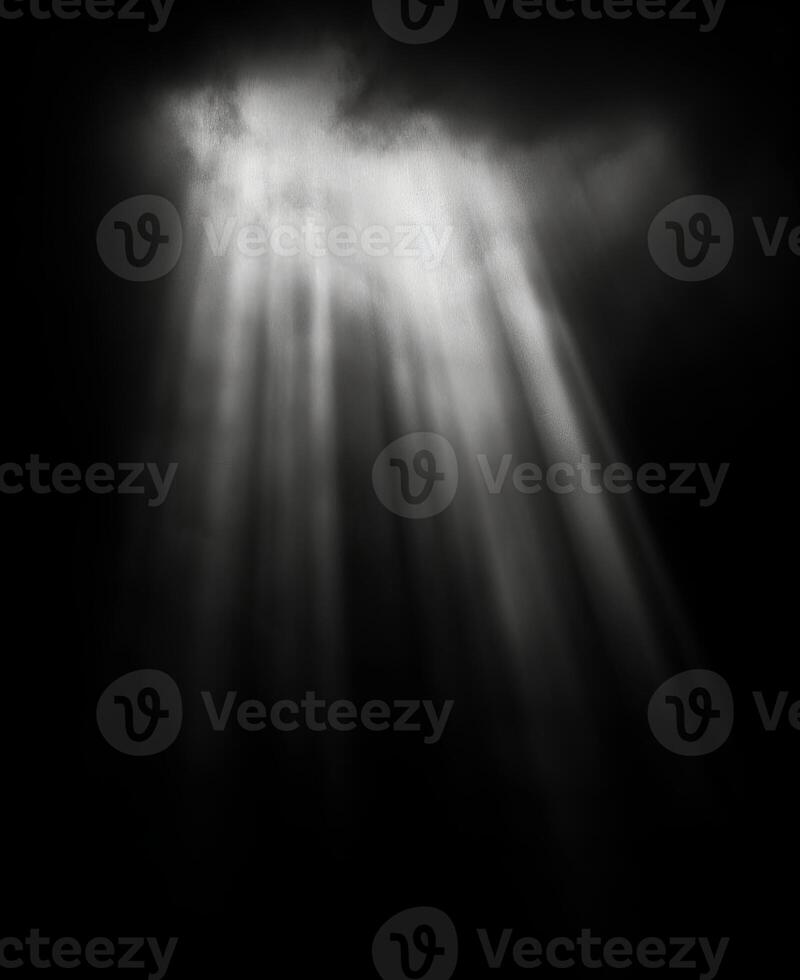 AI generated White Light Ray Cascading from Above. light overlay effect isolated on black background photo