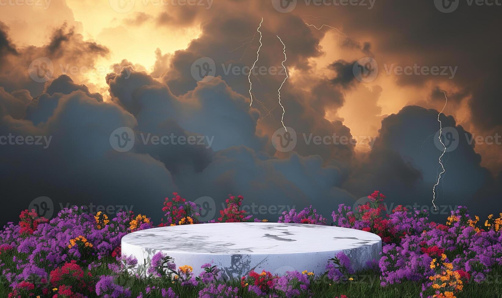 AI generated Natural stone podium on meadow grass field and cloudy sky background. Nature and weather concept. 3D illustration rendering photo