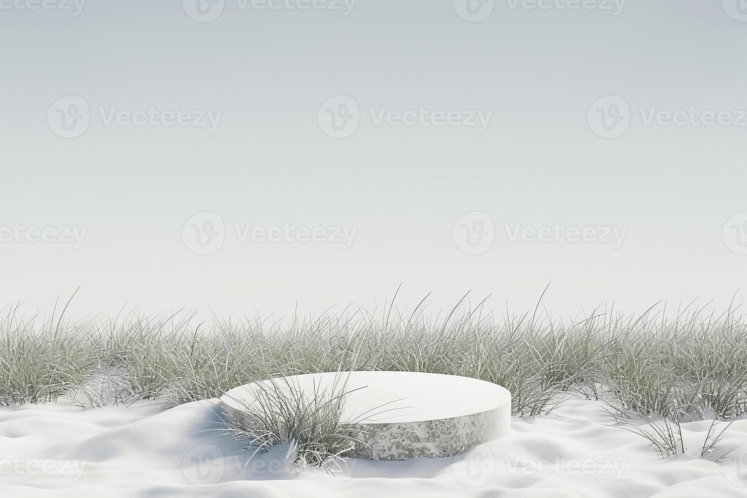 AI generated 3d render Abstract stage podium background, Round podium on snow field and meadow grass backdrop sky for product display, mock up and showcase photo