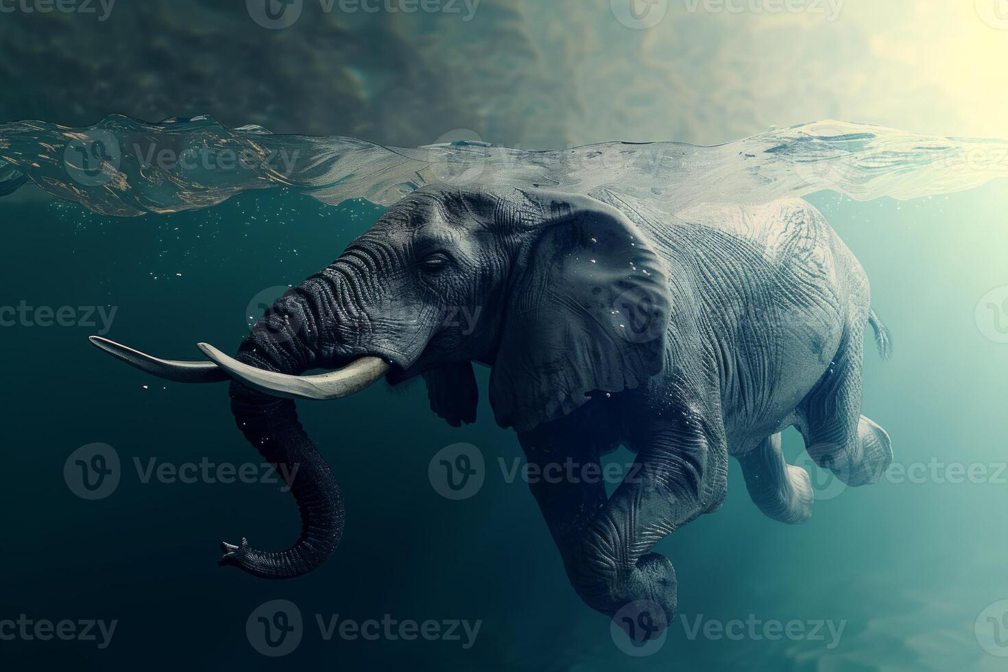 AI generated An Elephant Swimming Underwater, Mirrored and Creating Ripples on the Water's Surface photo