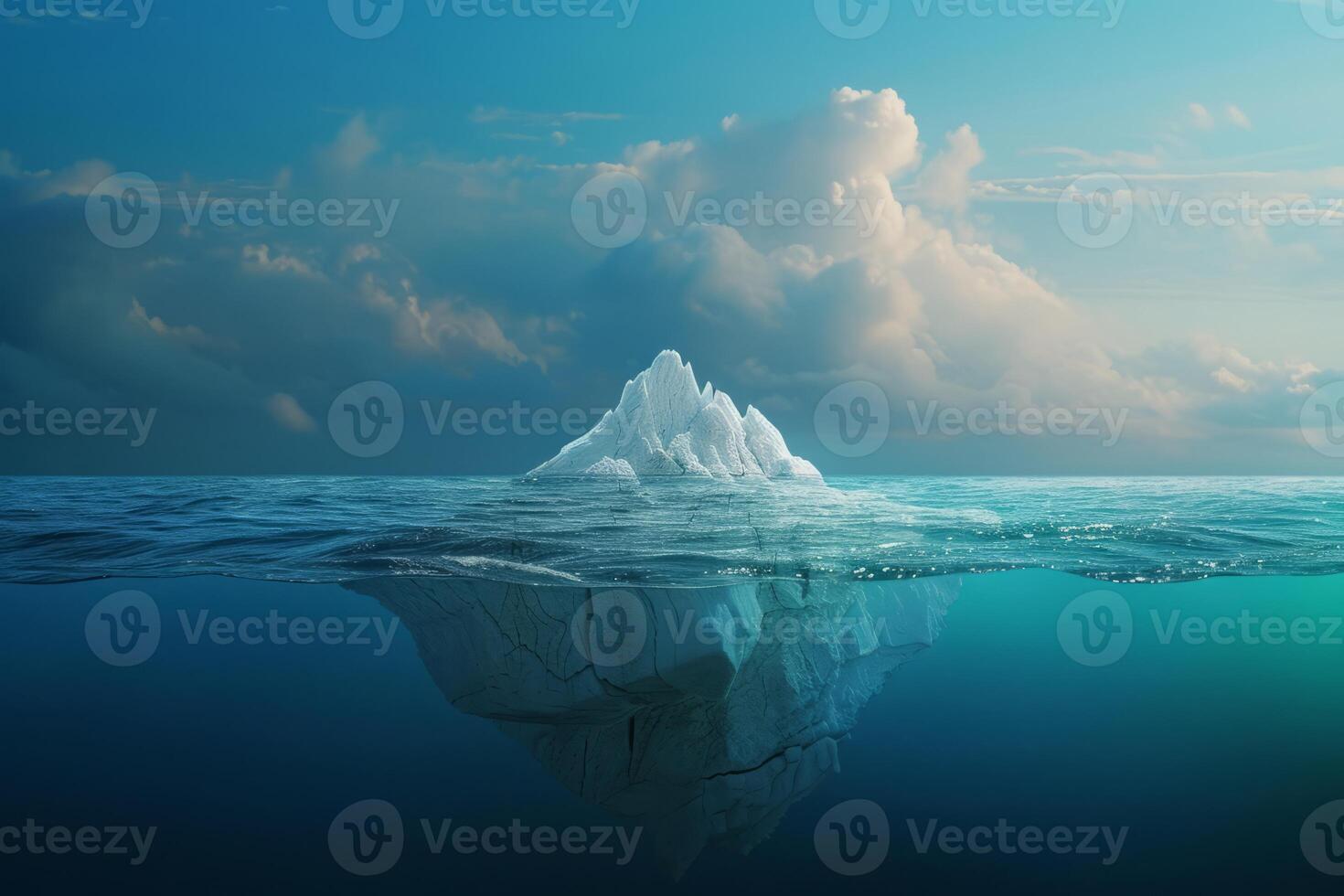 AI generated Amazing white iceberg floats in the ocean with a view underwater. Hidden Danger and Global Warming Concept. Tip of the iceberg. Half underwater photo