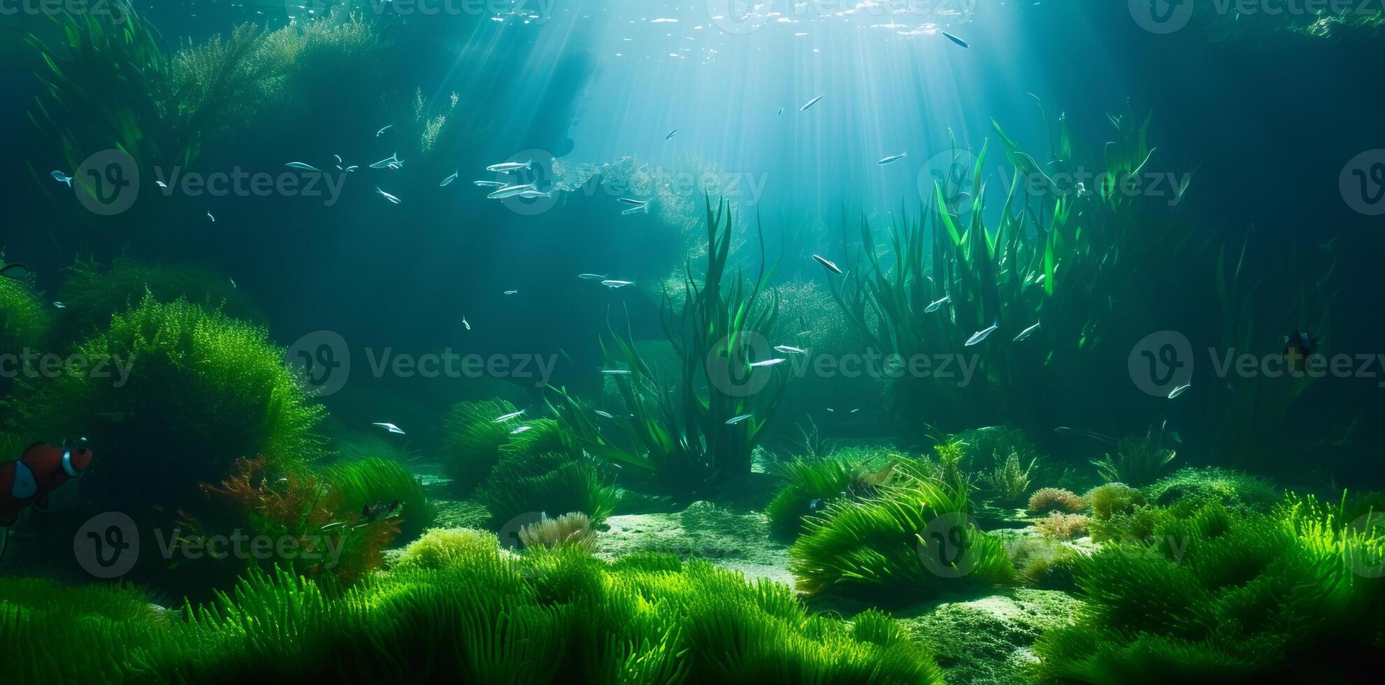 AI generated Green Seaweed Accompanied by Playful Fish, Painting a Natural Seascape in the Ocean Depths photo