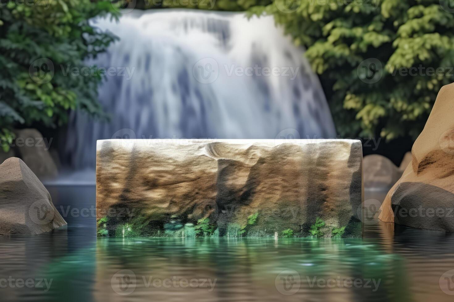 AI generated 3D render nature product display podium with forest and waterfall background photo