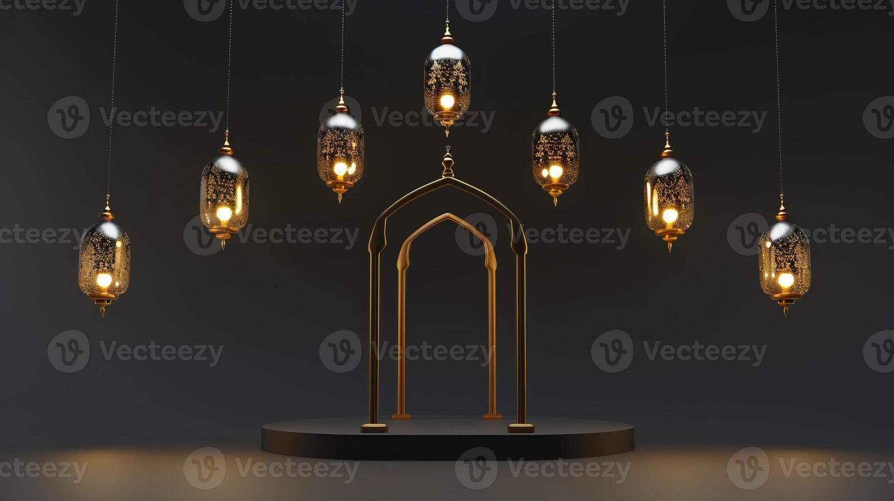 AI generated Islamic decoration background with lantern and crescent moon luxury style, ramadan kareem, mawlid, iftar, isra miraj, eid al fitr adha, muharram, copy space text area, 3D illustration. photo