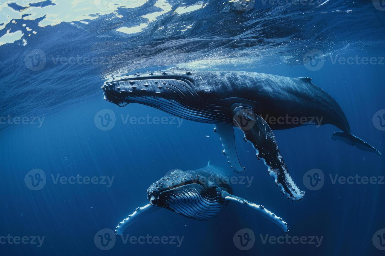 AI generated Two Humpback Whales Gracefully Swimming Through the Ocean Depths photo