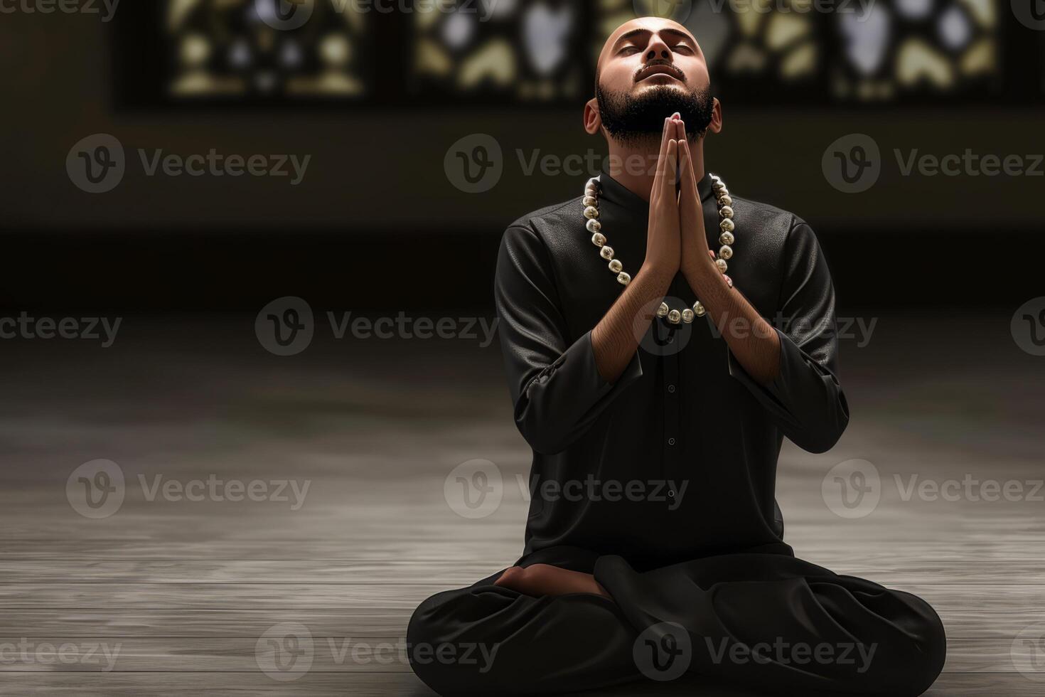 AI generated people wearing black fashion with necklace praying to his God photo
