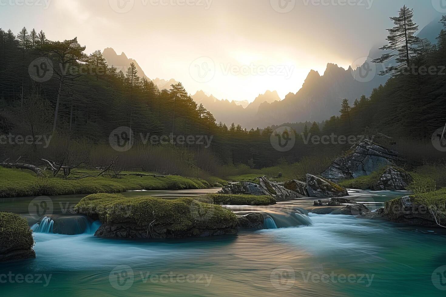 AI generated River rapids surrounded by northern forest and mountains at morning 3D render. Beautiful nature landscape, scenic outdoor background, serenity and calmness photo