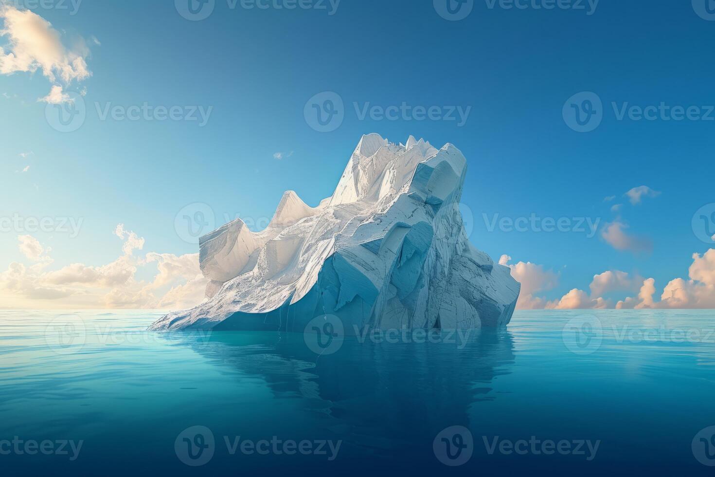 ai generado maravilloso blanco iceberg navegación en el océano, revelador un submarino escena. invisible amenaza y trascendencia de global calentamiento el propina de el iceberg, medio sumergido foto