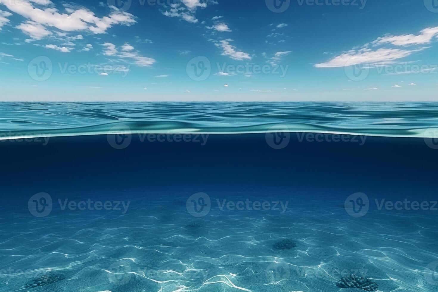 AI generated Blue sea ocean water surface and dark underwater with sunny and cloudy sky, with water reflection photo