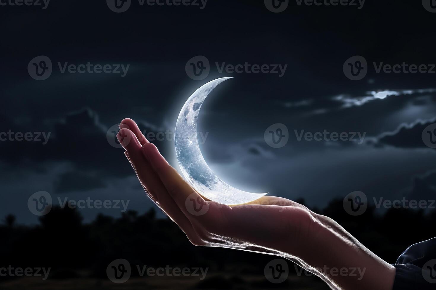 AI generated hand holding a white crescent moon under the cloudy night photo