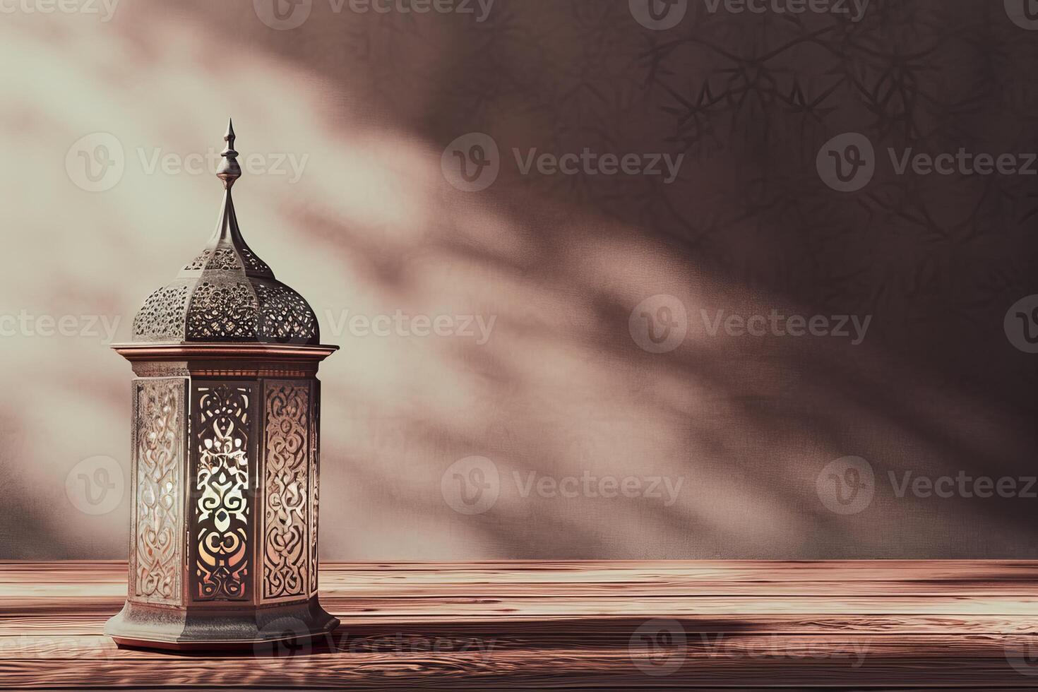 AI generated A lantern is placed on a wooden table with a beautiful background for the lamp Muslim feast of the holy month of Ramadan Kareem with light coming from the left photo