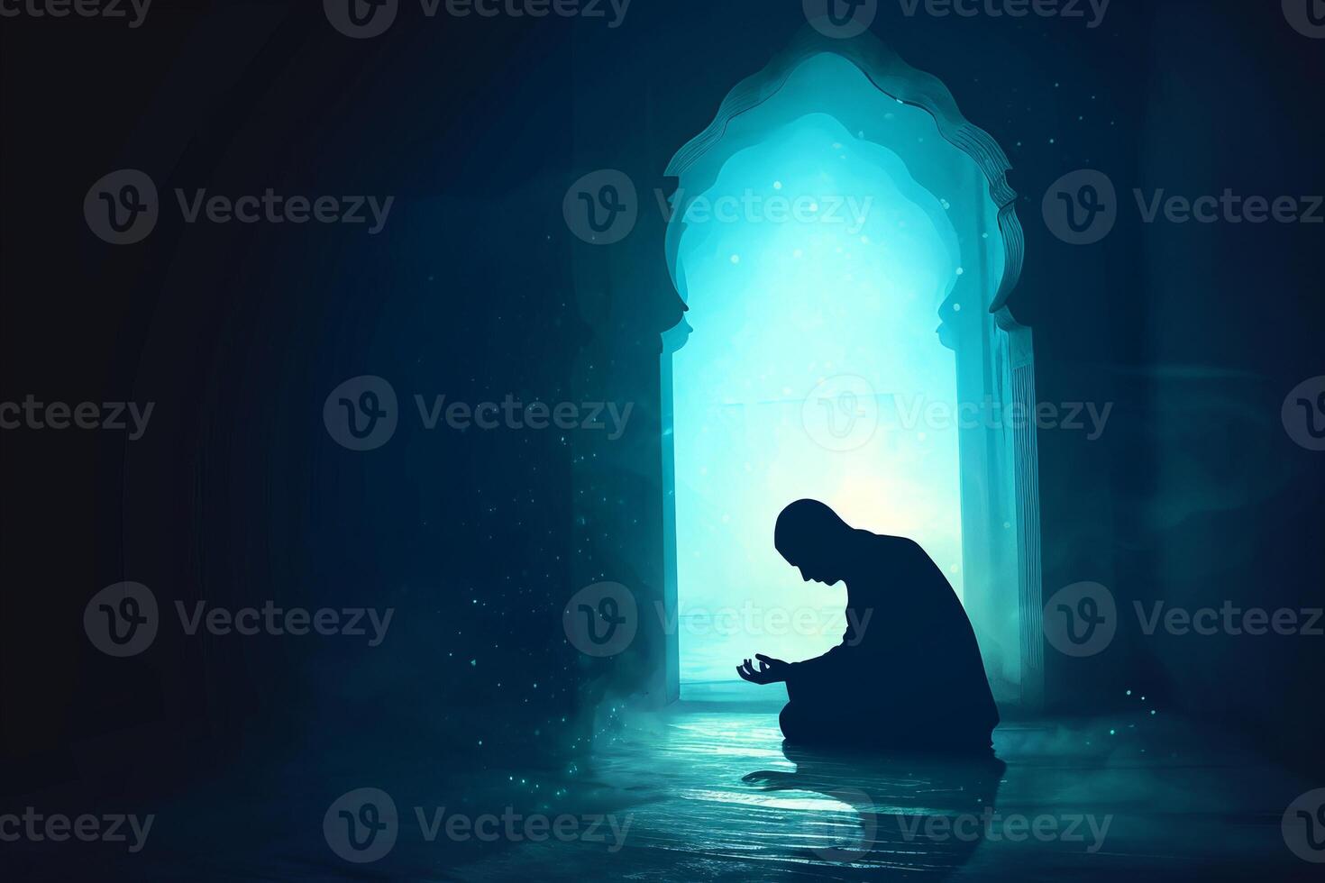 ai generado musulmán hombre silueta haciendo salat Orando para Alá dentro el mezquita a noche, tahajjud. azul oscuro noche. foto