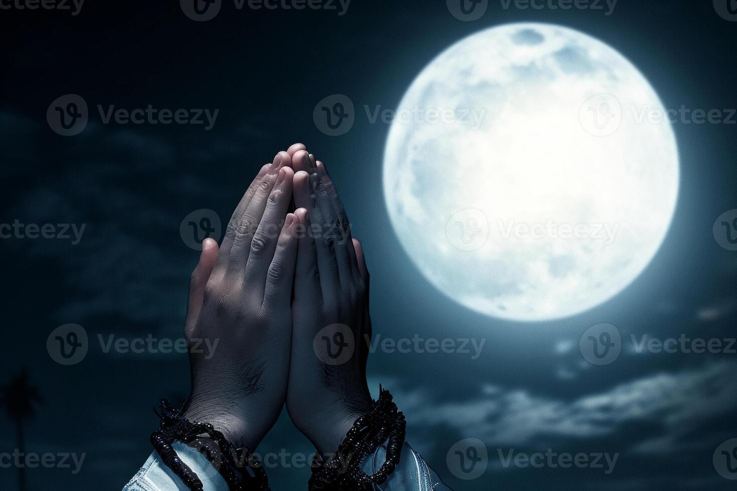 AI generated Moslem hand praying for dua under the moonlight at night photo