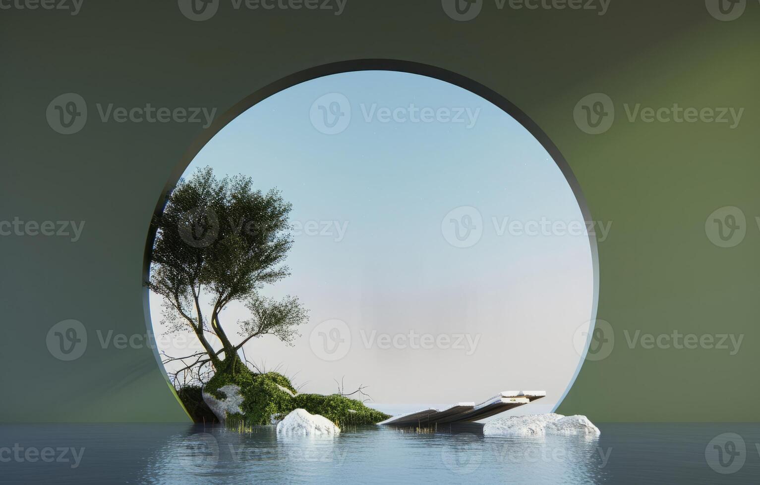 AI generated 3D podium stone display on green background.Rock with moss. Cosmetic beauty product promotion pedestal with sun shadow and sky. Nature forest landscape showcase photo