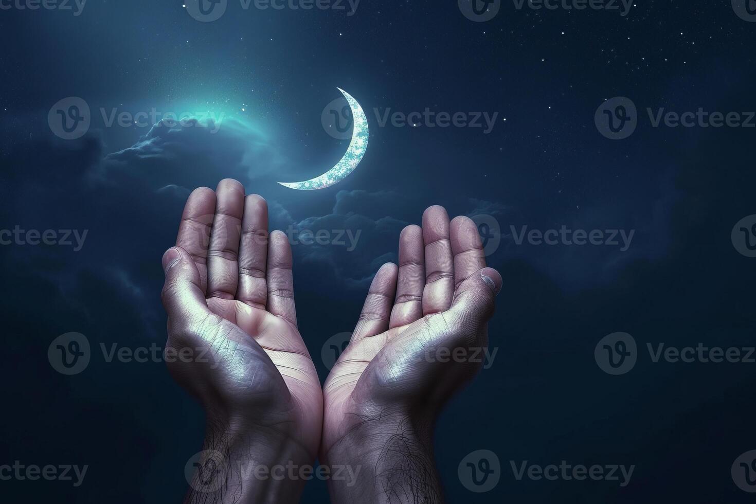 AI generated Moslem hand open and praying for dua under the crescent moonlight at night, praying tahajjud photo