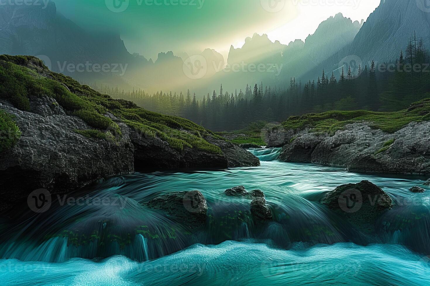 AI generated 3D Render of River Rapids Embraced by a Northern Forest and Majestic Mountains, Crafting a Breathtaking Nature Landscape with Serenity, Calmness, and Scenic Outdoor Beauty photo