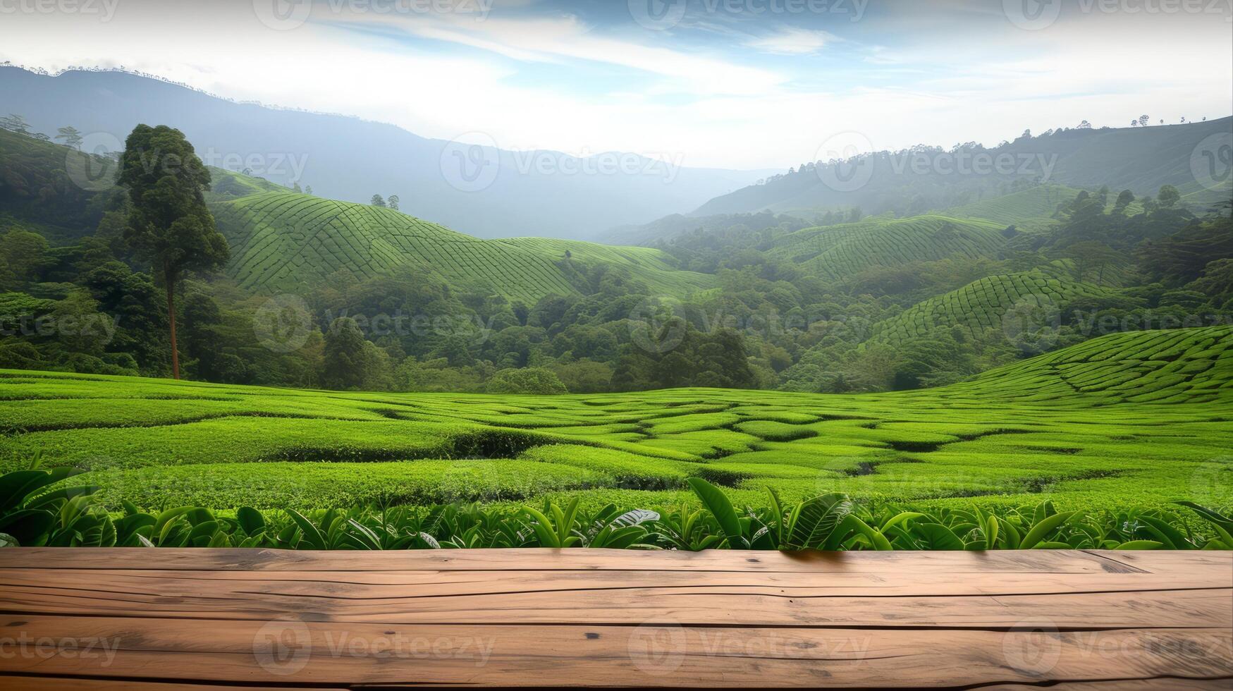 AI generated Empty wooden table in front of tea plantation background photo