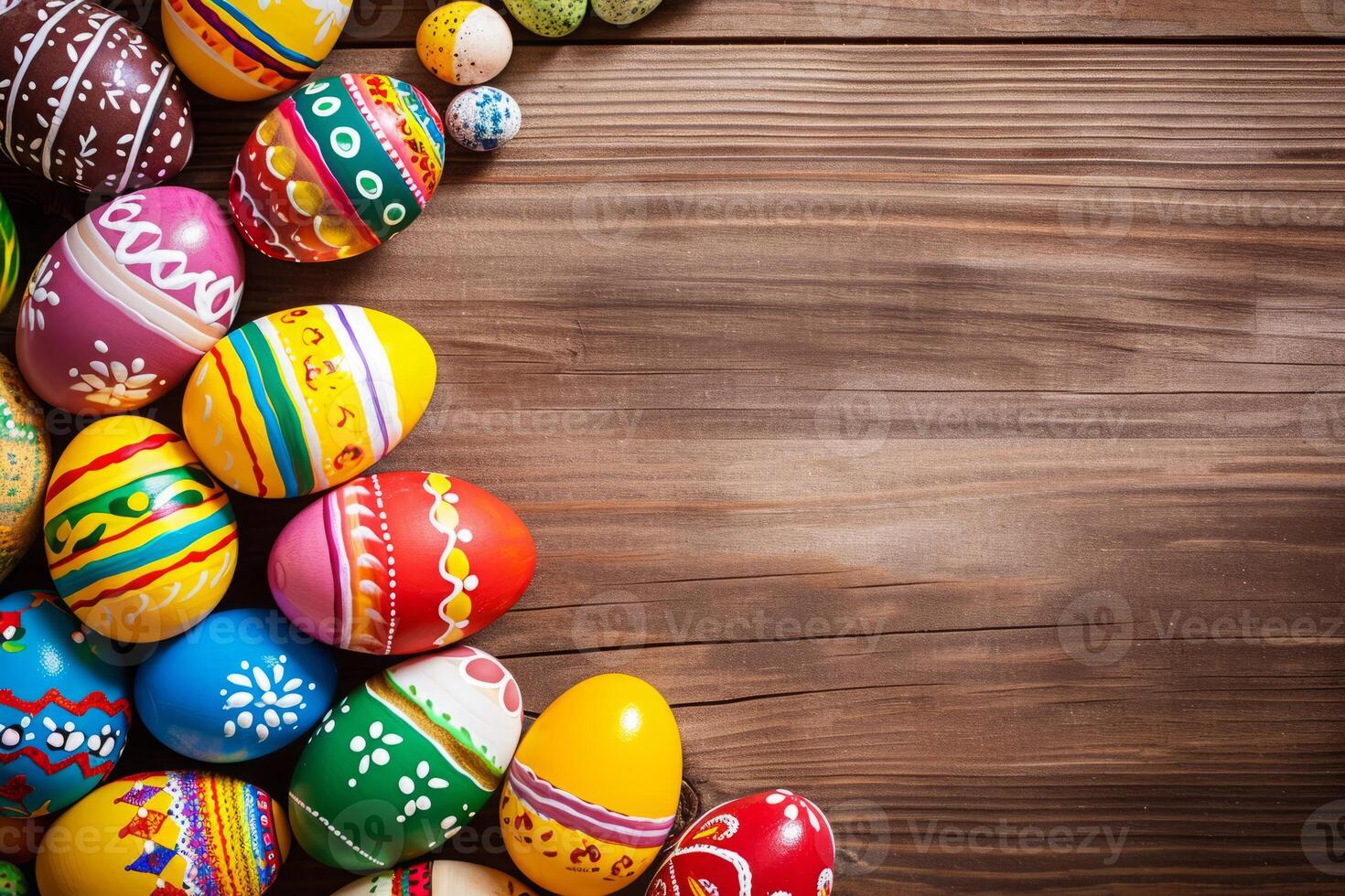 AI generated Easter eggs on wooden background photo