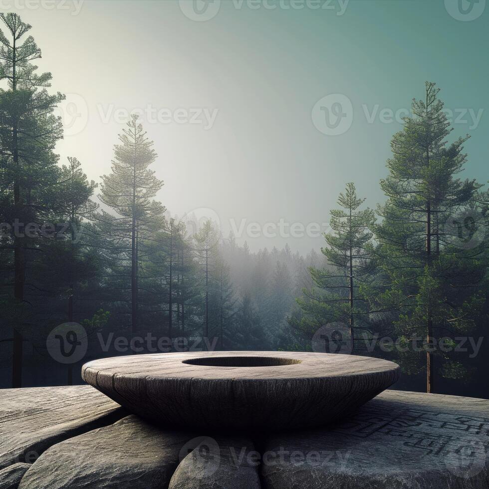ai generado 3d prestados azulado Roca podio descansando en un rock plataforma, ideal para producto mostrar, con un fondo de verde bosque, azul horizonte, y suave diario ligero foto