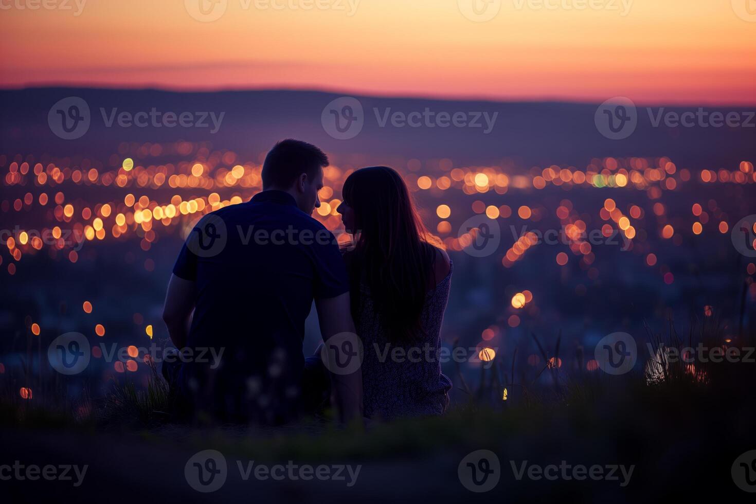 AI generated Lovers man and girl against background night city, night starry sky and horizon. Concept date Valentine's Day, first kiss love, forever together. photo