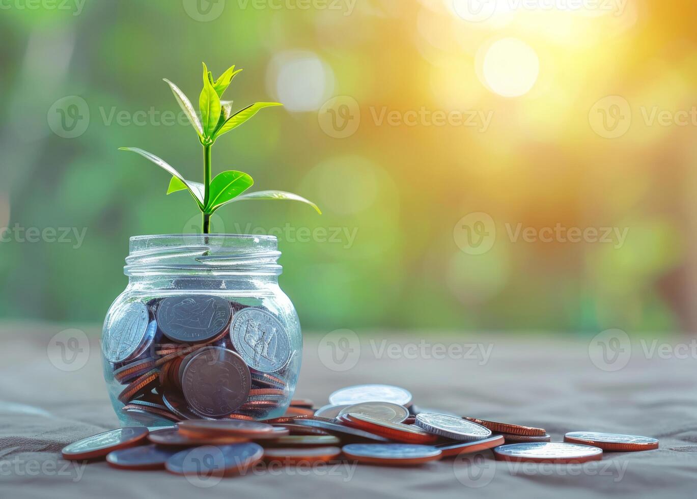 AI generated Sprout growing on glass piggy bank with sunset light in saving money concept photo