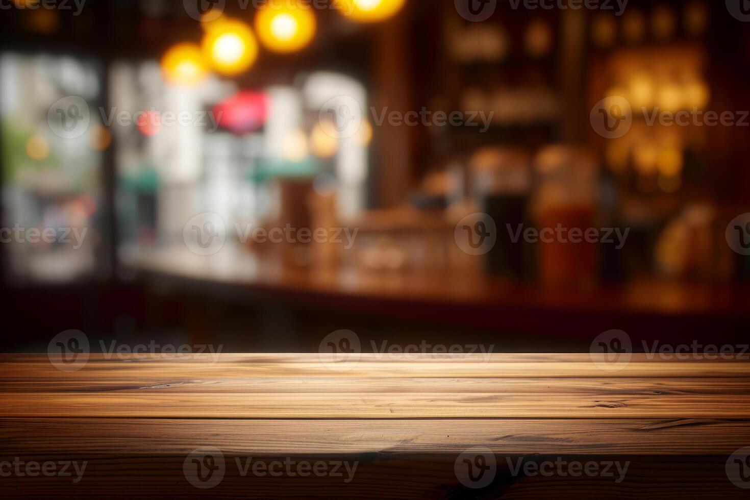 AI generated Blank Wooden Table Set Against a Softly Blurred Background for a Serene Ambiance photo