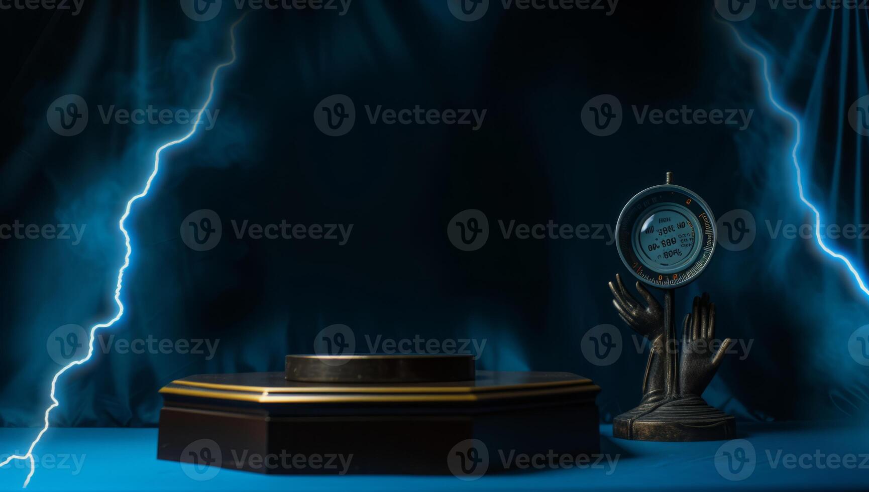 AI generated Dark empty podium scene for product presentation with blue dramatic glowing lightning strike photo