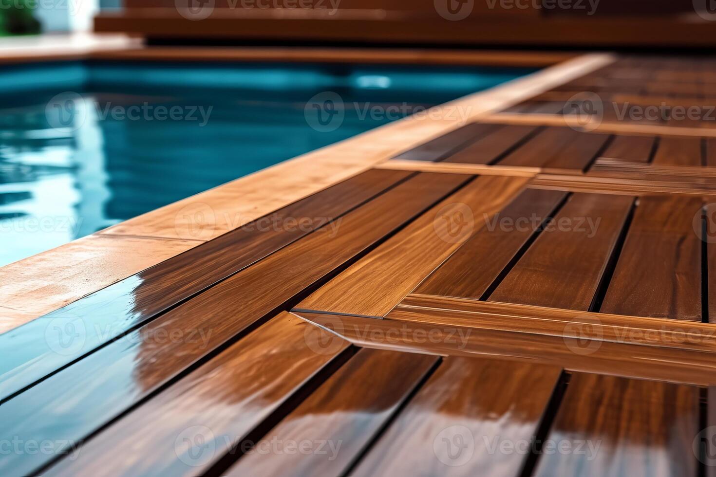 AI generated Empty wooden deck with swimming pool photo