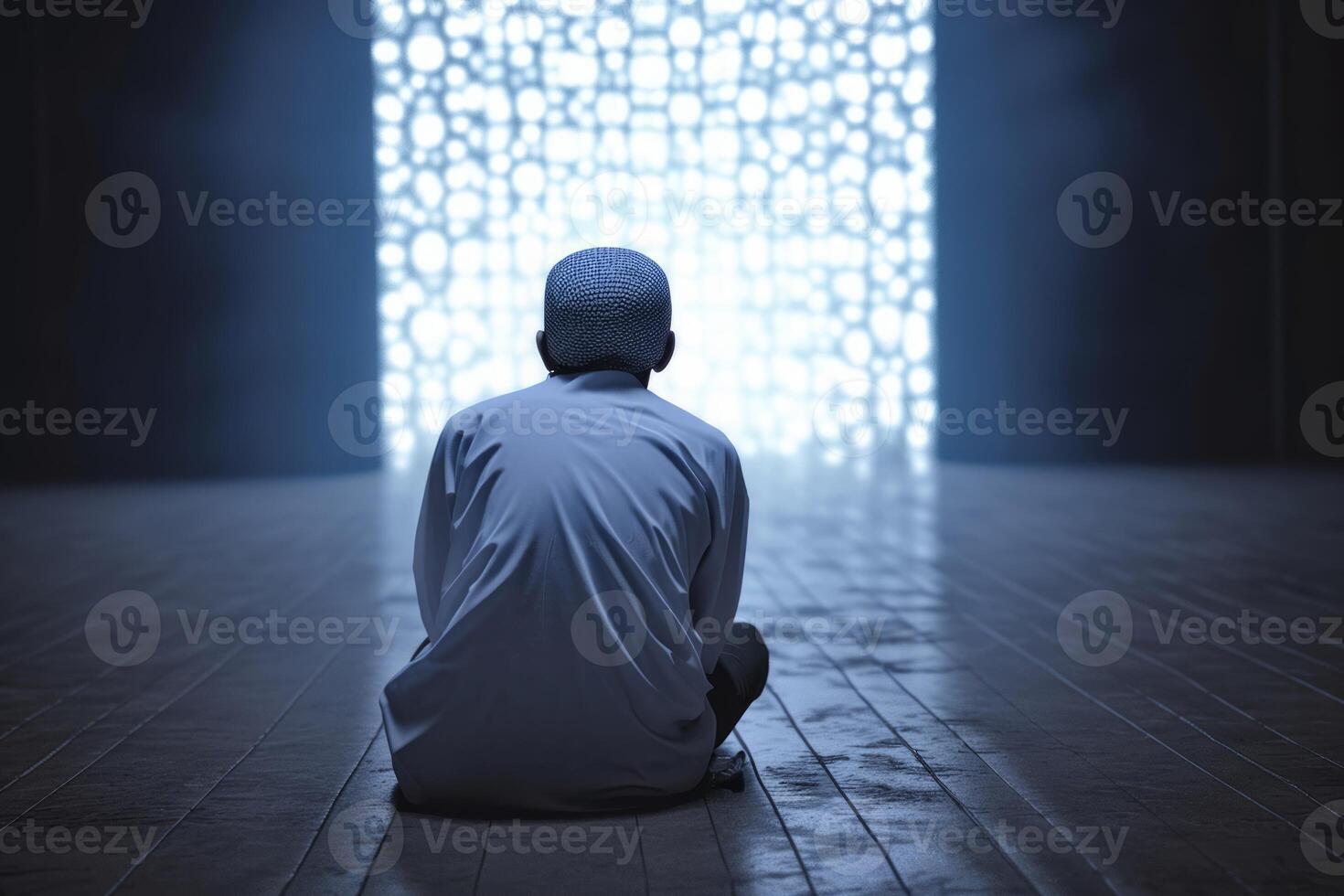 AI generated Moslem man doing salat tahajjud praying for Allah inside the mosque at night, ramadhan kareem. photo