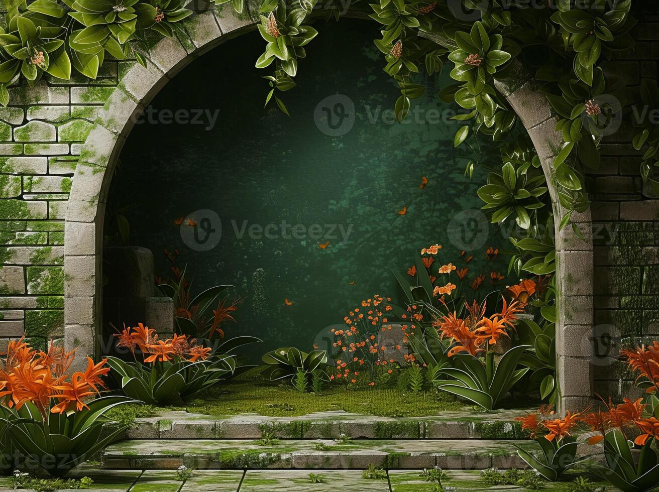 AI generated Mossy podium in tropical forest for product presentation and dark room background.3d rendering photo