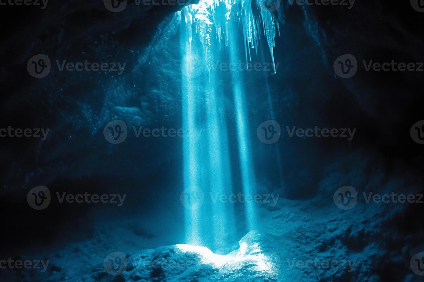 AI generated Rays of sunlight into the underwater cave photo