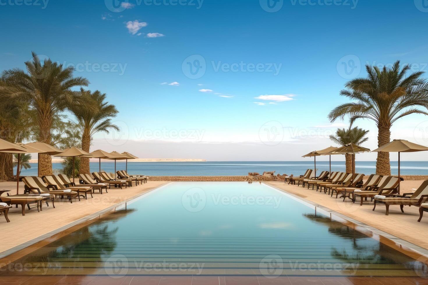 AI generated Tropical Oasis, Lavish Seaside Resort Featuring a Pool, Lounge Chairs, Umbrellas, and Palm fringed Serenity photo