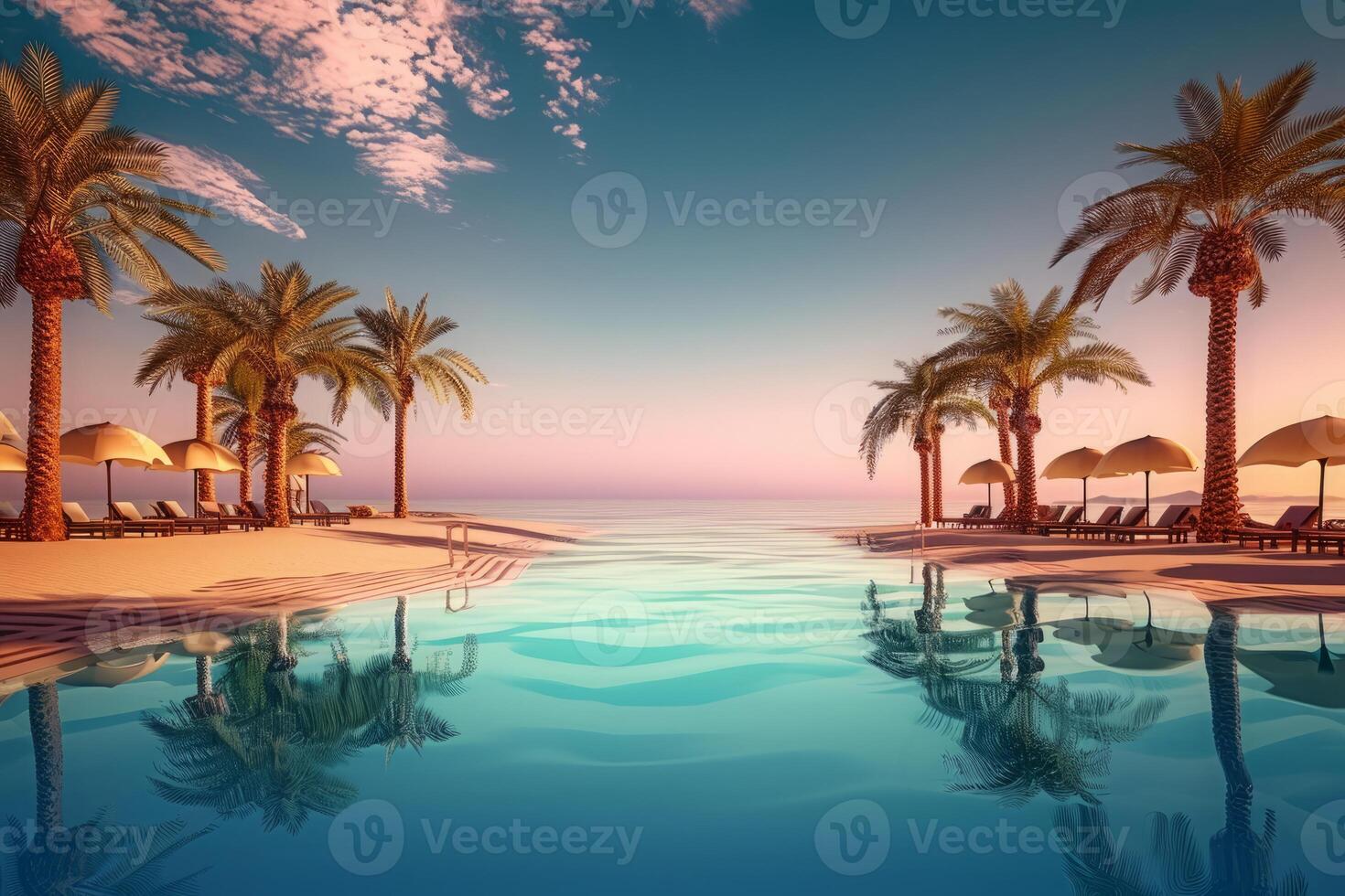 AI generated Exquisite Coastal Retreat, Poolside Paradise with Lounge Areas, Umbrellas, and Tropical Palms photo