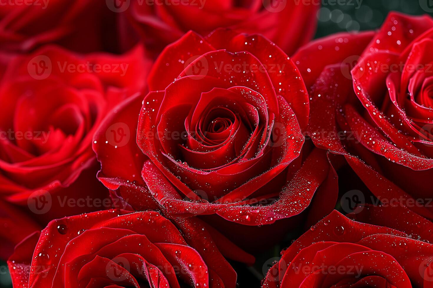 AI generated Close up of red roses and water drops. photo