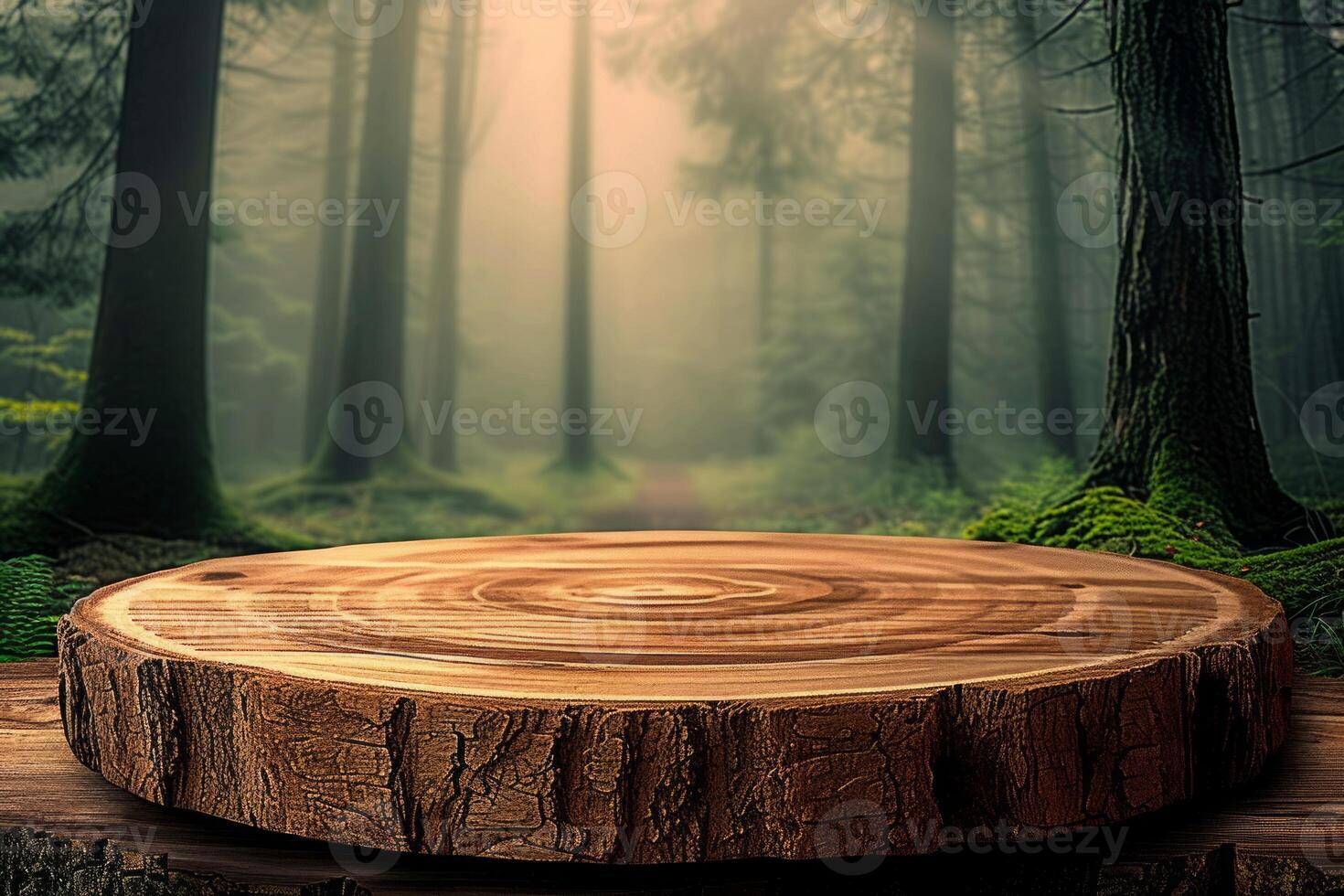AI generated Wooden round pedestal in the green forest 3d illustration, scenery of empty product podium in natural environment, green trees around, mystical mood photo